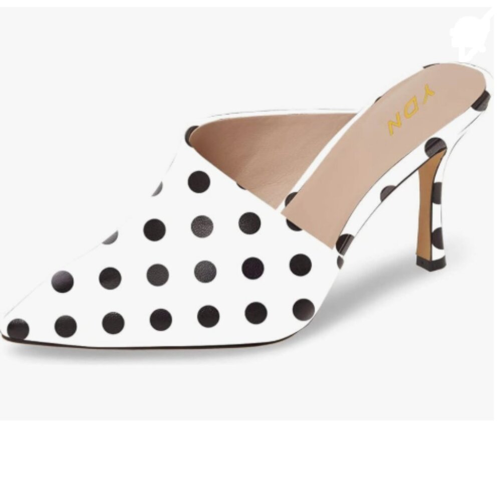 YDN Black Polka Dots Pointy Toe Half D'Orsay Spike Heel Mules Cutout Slippers
